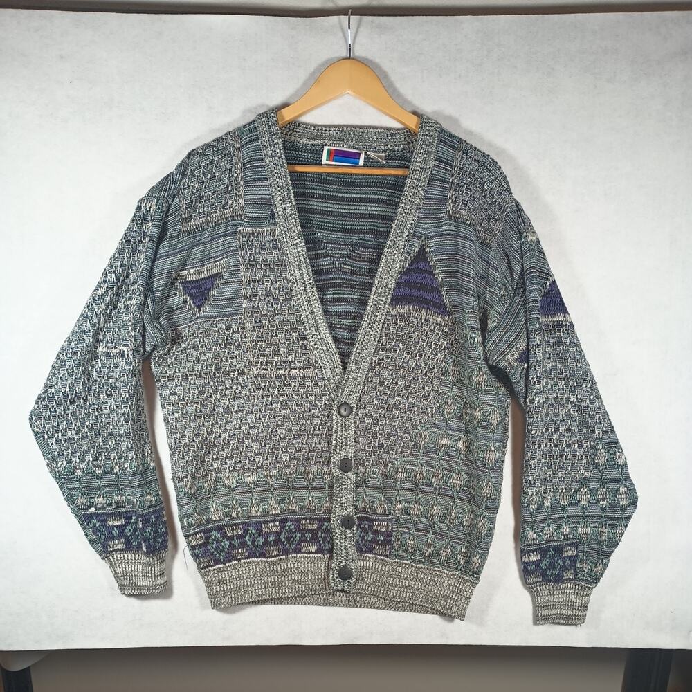 Vintage 80s Graphic Knit Deep V Cardigan Sweater, Large - Sweater Graphix